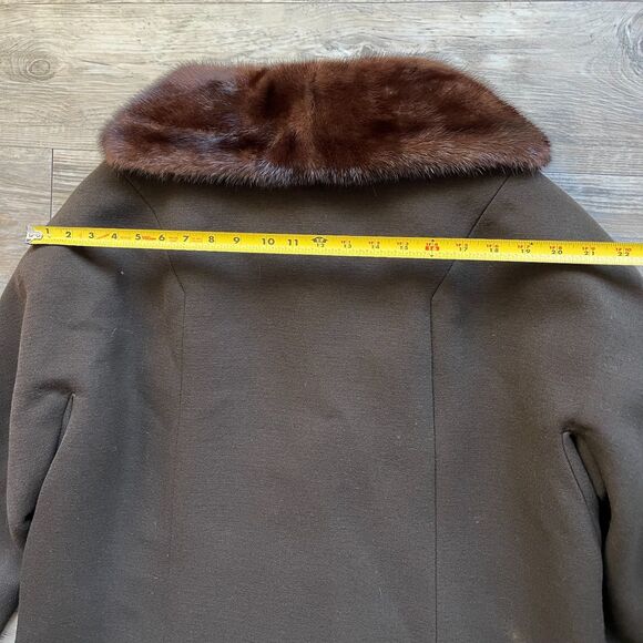 Vintage Trench Coat Women's Large Mink Fur Neck Brown Green 1950s Winter Button - Picture 11 of 14